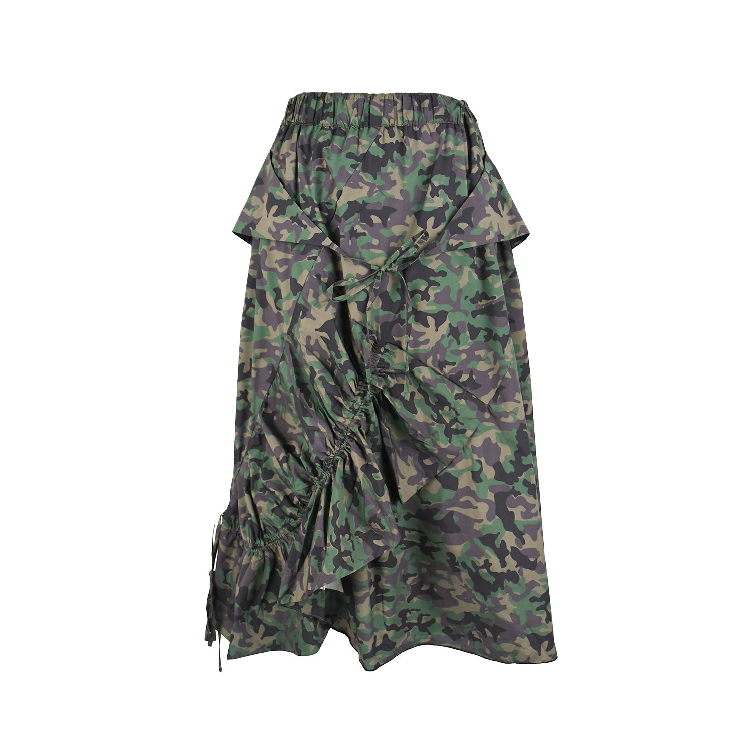 flatlay of midi length camo skirt with tie detailing and ruching at front