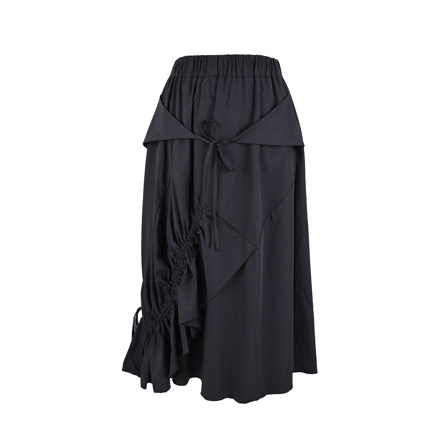 flatlay of black midi skirt with tie details and ruching at front 