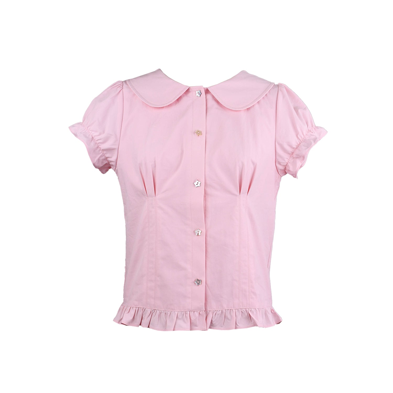 flatlay of pink short sleeve blouse with collar and ruffle detailing on sleeve and bottom hem