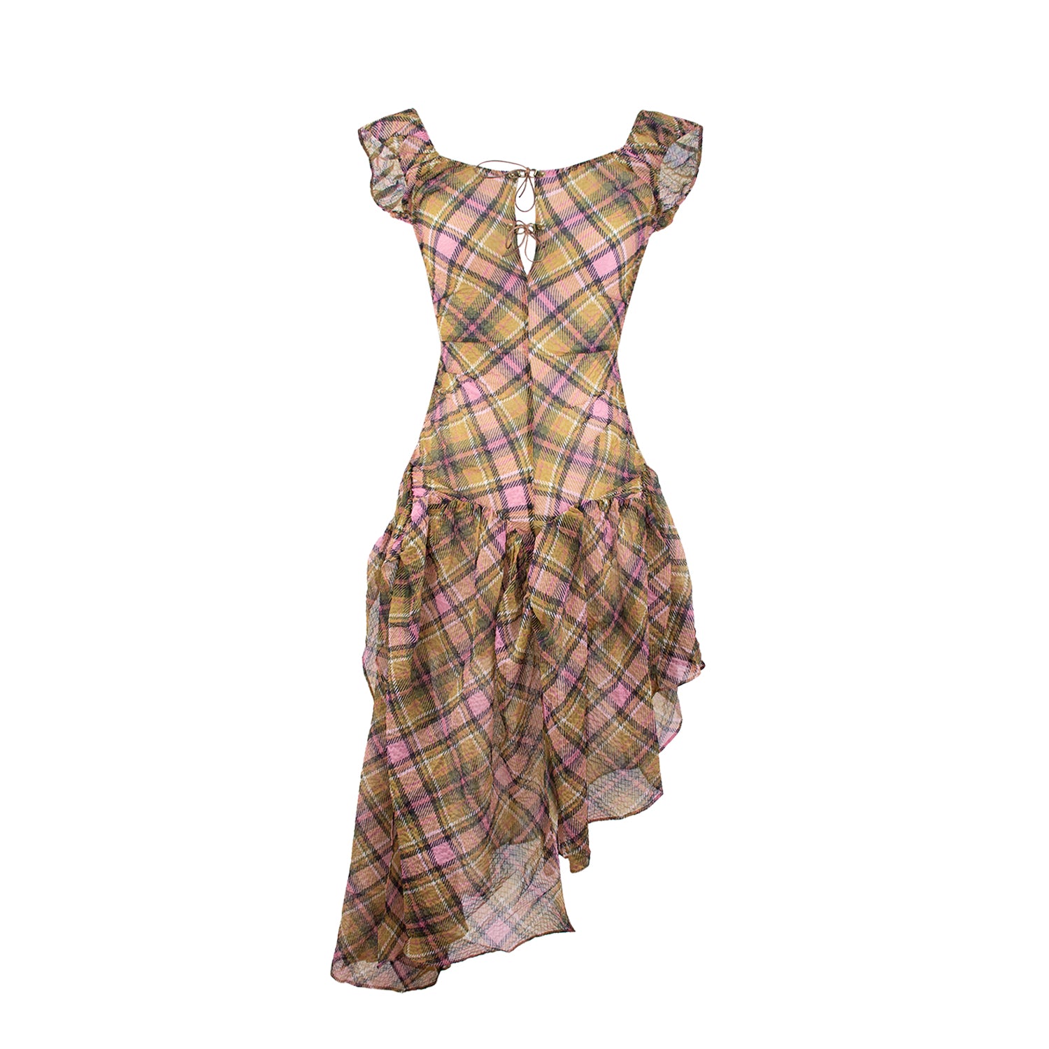 Taottao - Plaid Puff Chiffon Asymmetrical Dress - Smooky