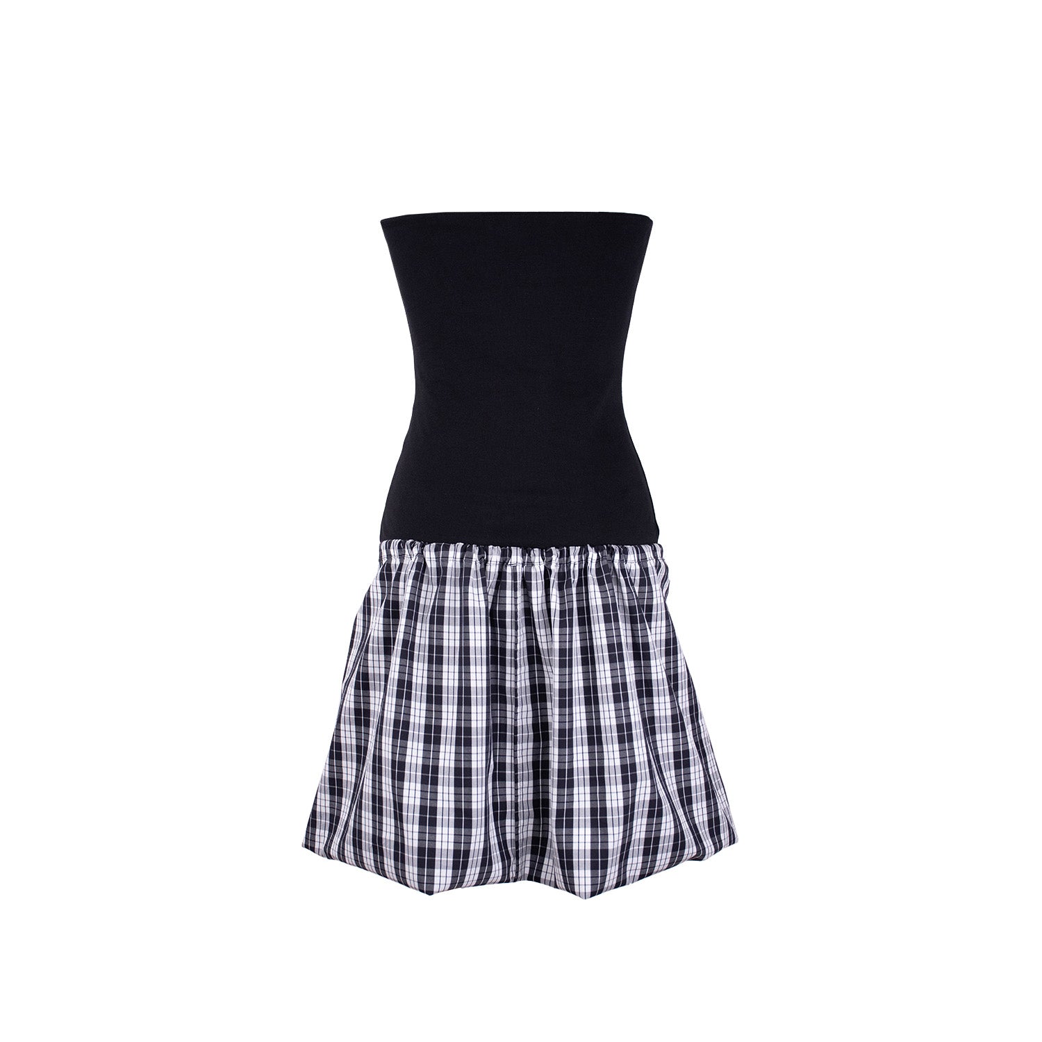 A strapless midi dress with a fitted black bodice and a flowy plaid skirt, featuring a drawstring detail at the hem for an adjustable silhouette.
