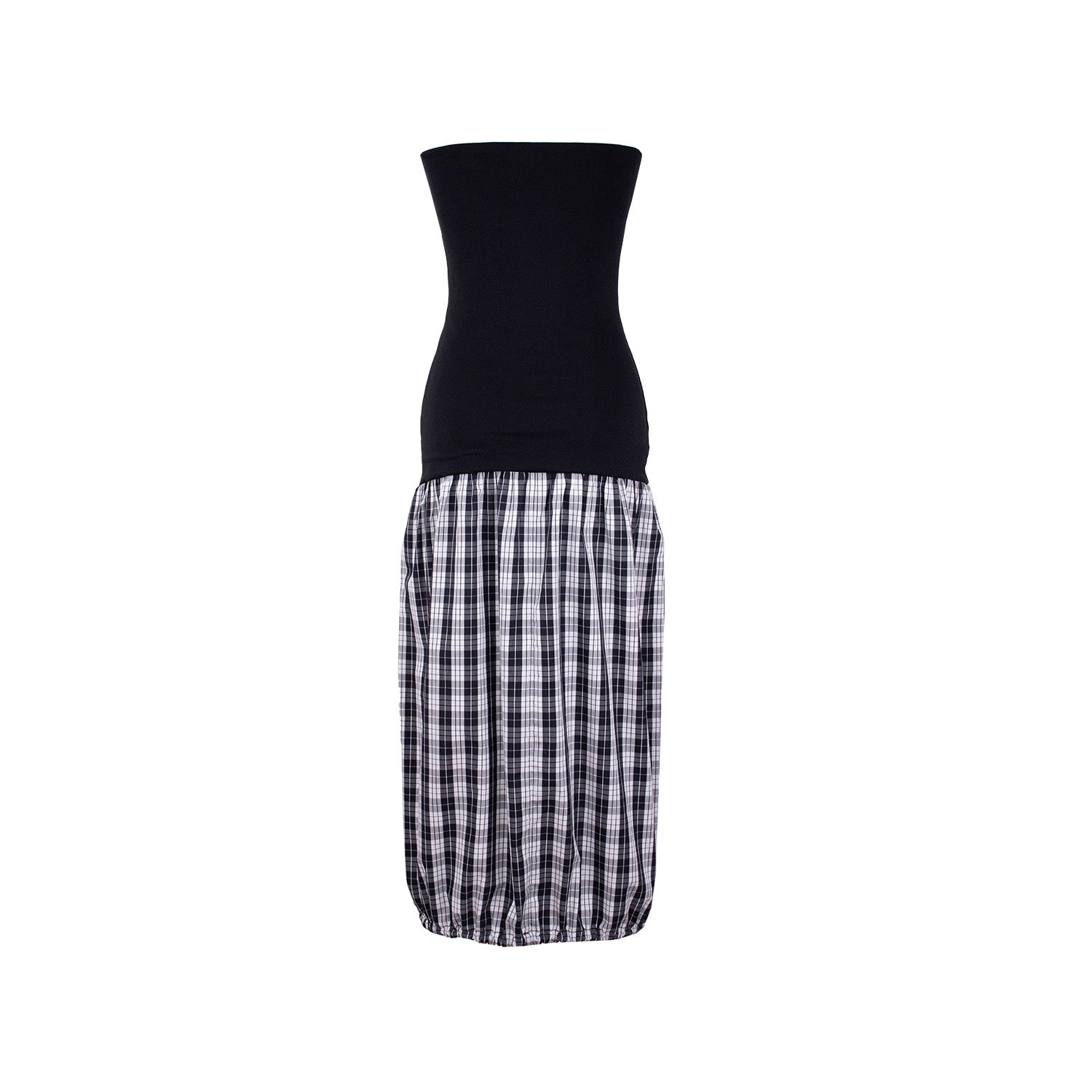A strapless midi dress with a fitted black bodice and a flowy plaid skirt, featuring a drawstring detail at the hem for an adjustable silhouette.