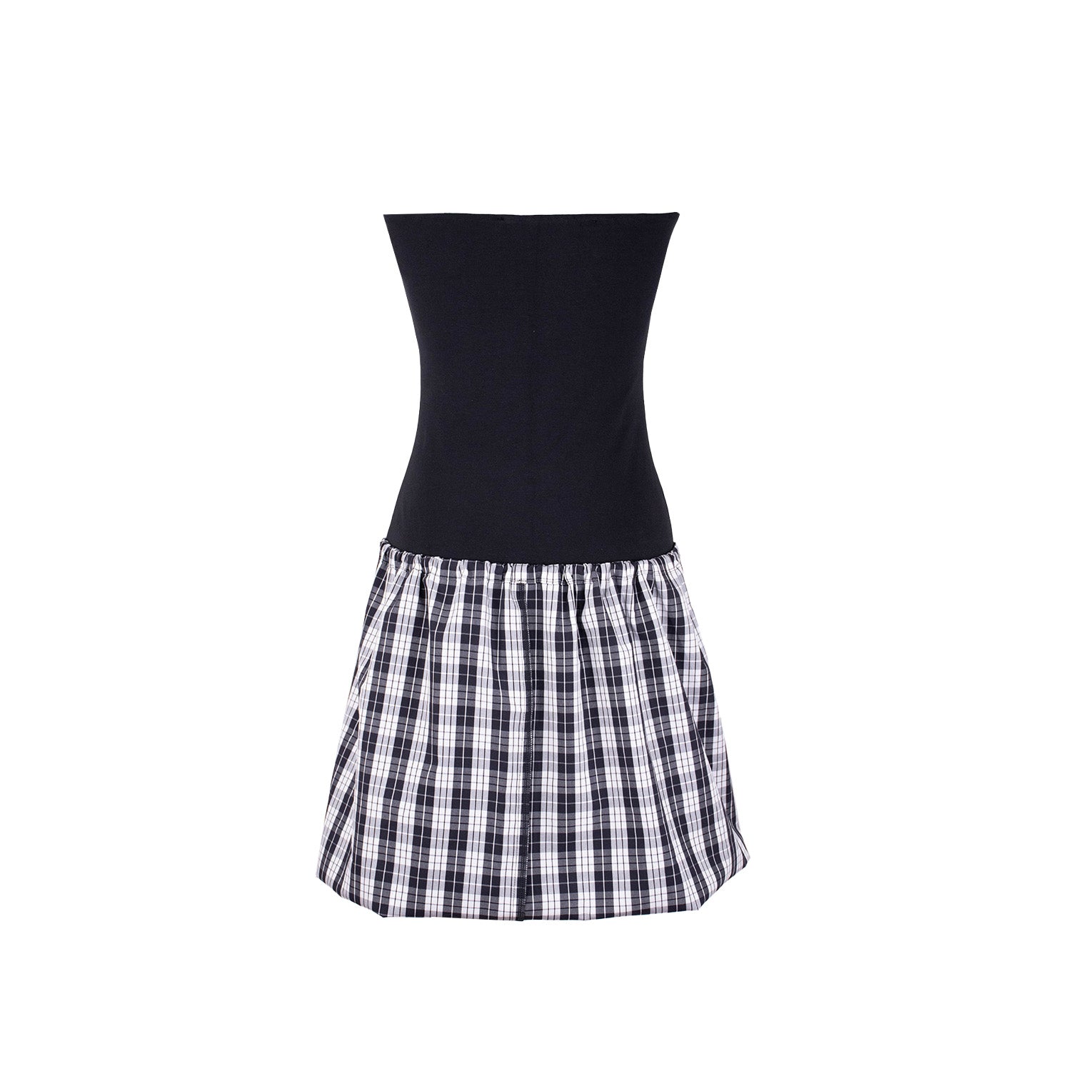 Back of a strapless dress with a black fitted bodice. The skirt is black-and-white plaid, folded up into a mini dress.