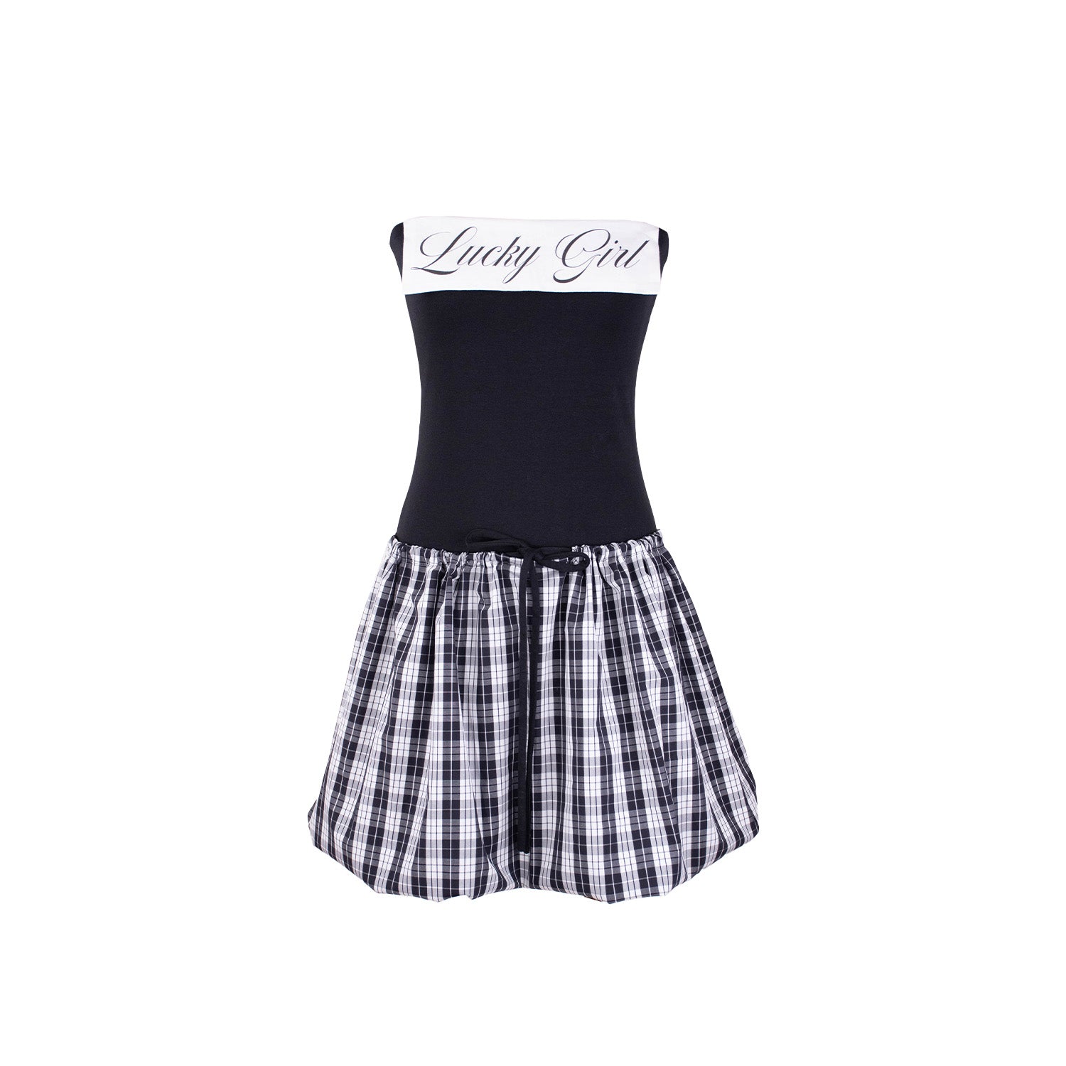 A strapless dress with a black fitted bodice and a white band across the chest featuring the phrase "Lucky Girl" in cursive. The skirt is black-and-white plaid, folded up into a mini dress.