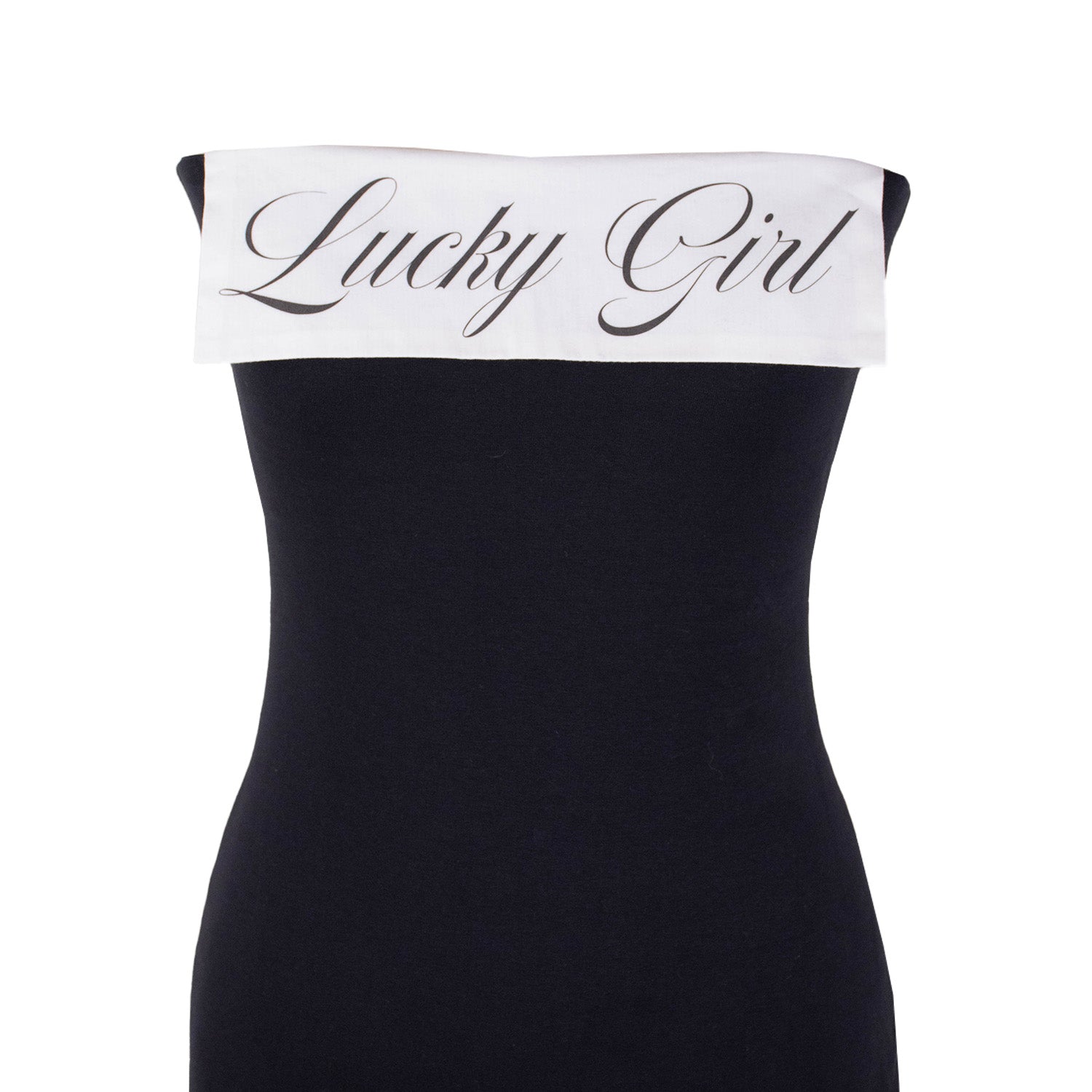 Close up of white band across the chest featuring the phrase "Lucky Girl" in cursive. 