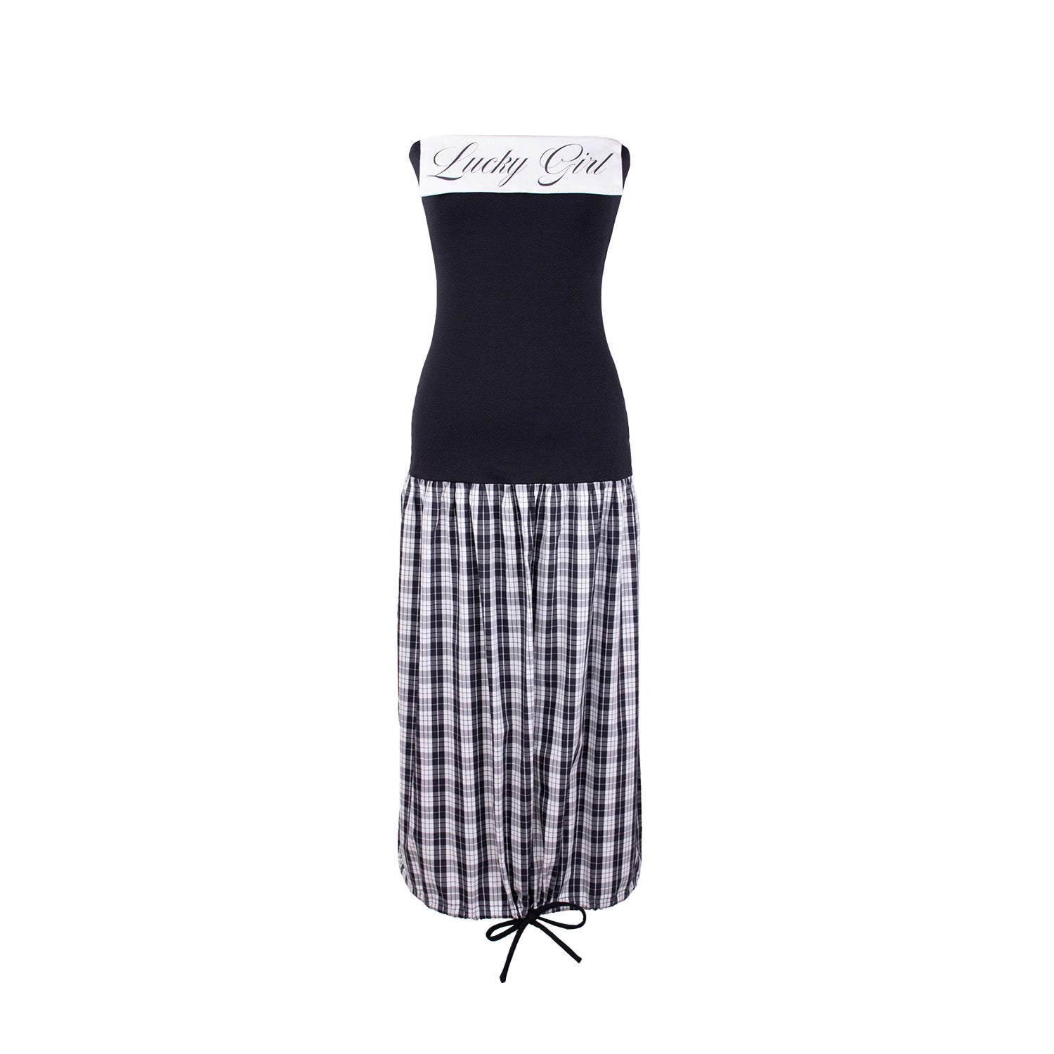 A strapless dress with a black fitted bodice and a white band across the chest featuring the phrase "Lucky Girl" in cursive. The skirt is black-and-white plaid, flowing loosely with an adjustable drawstring hem at the bottom.