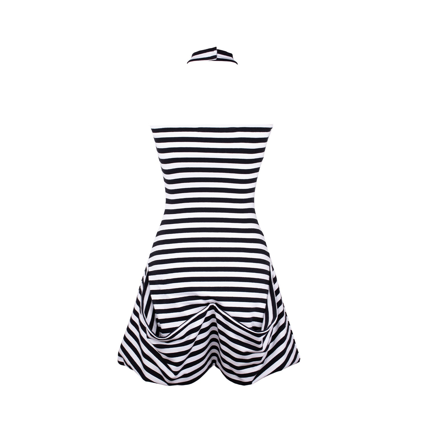 Back of a black and white striped strapless mini dress with a fitted bodice and a flared skirt featuring oversized draped pockets and a choker-style neckline 