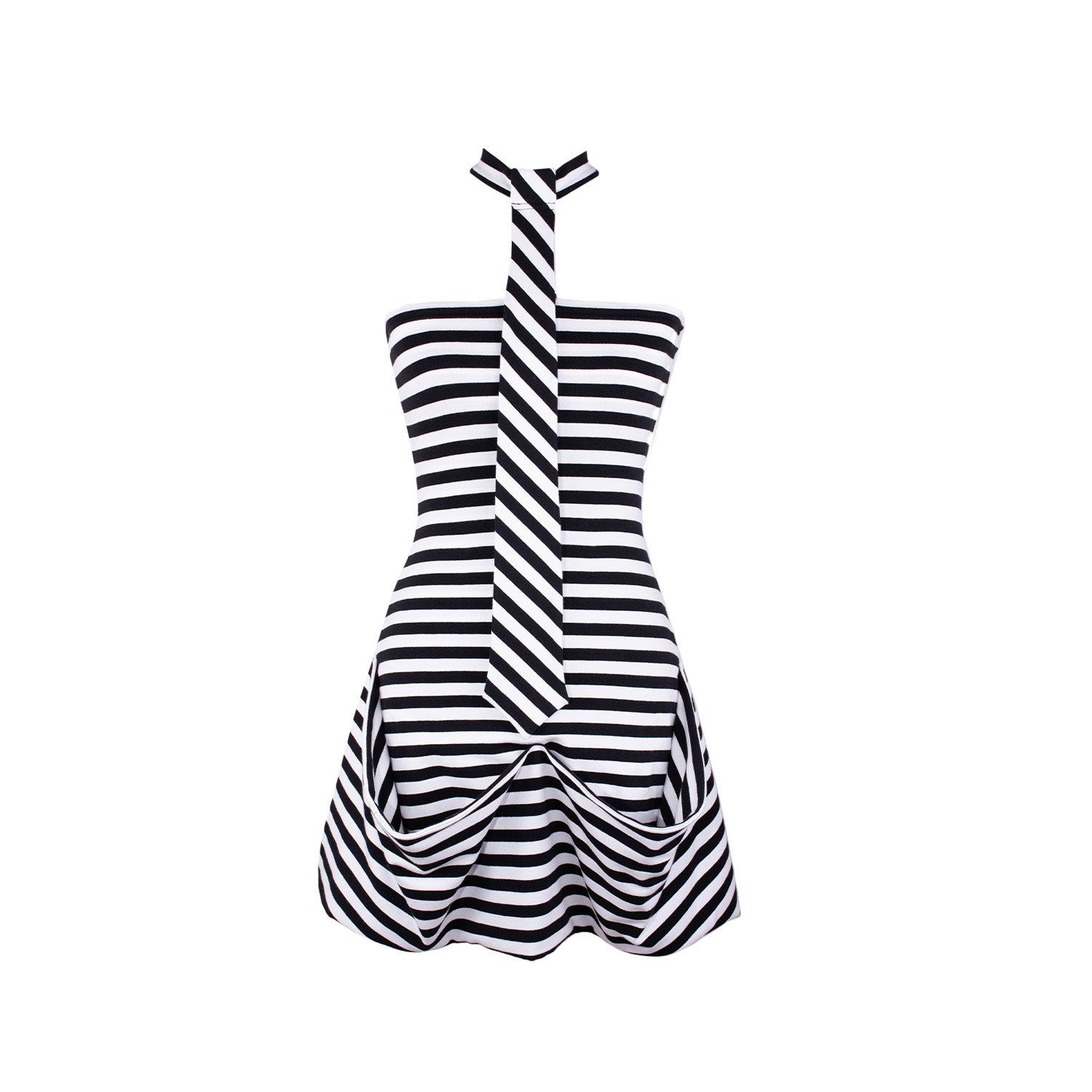 A black and white striped strapless mini dress with a fitted bodice and a flared skirt featuring oversized draped pockets and a choker-style neckline with an attached tie detail that hangs down the front