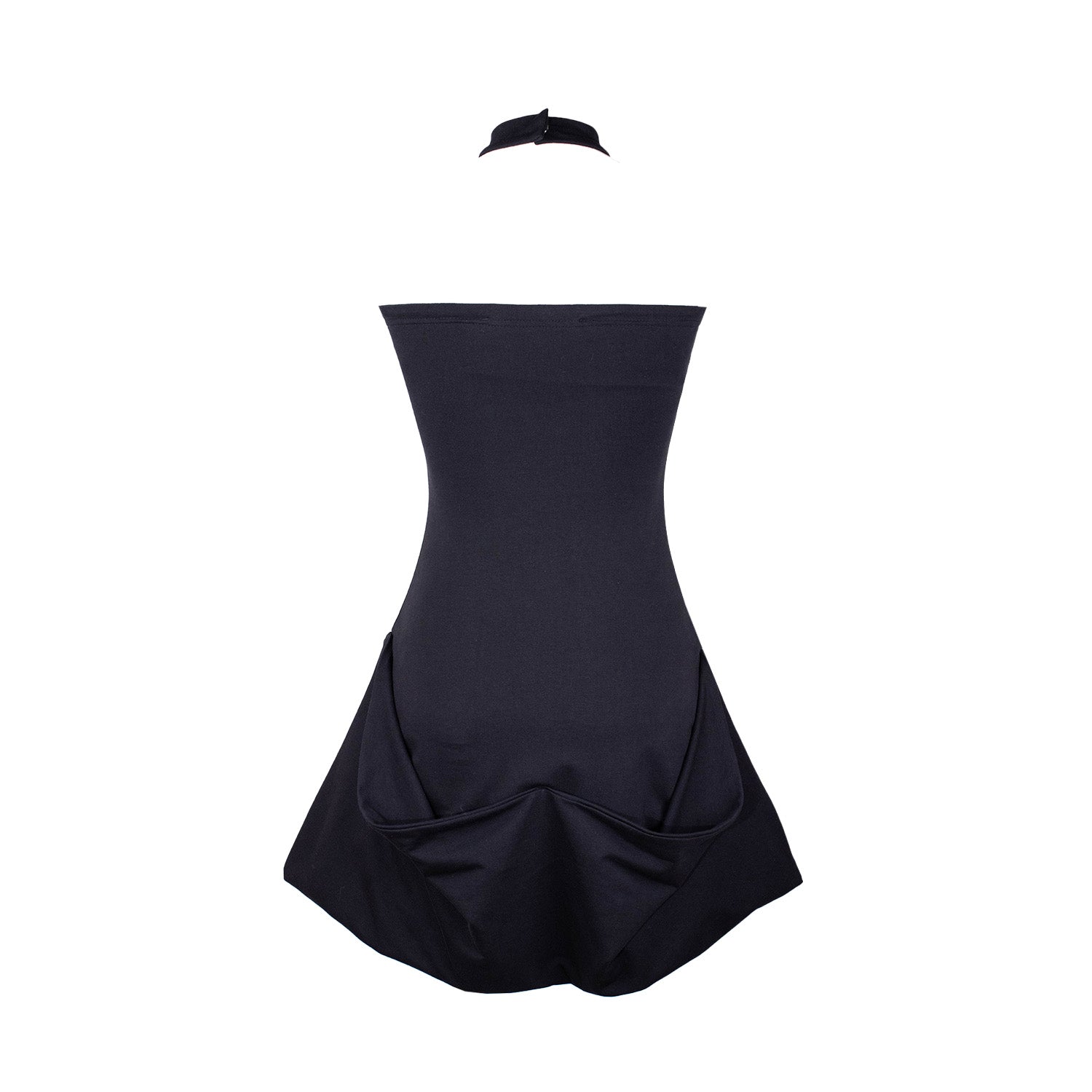 Back of a black strapless mini dress with a fitted bodice and a flared skirt featuring oversized draped pockets and a choker-style neckline