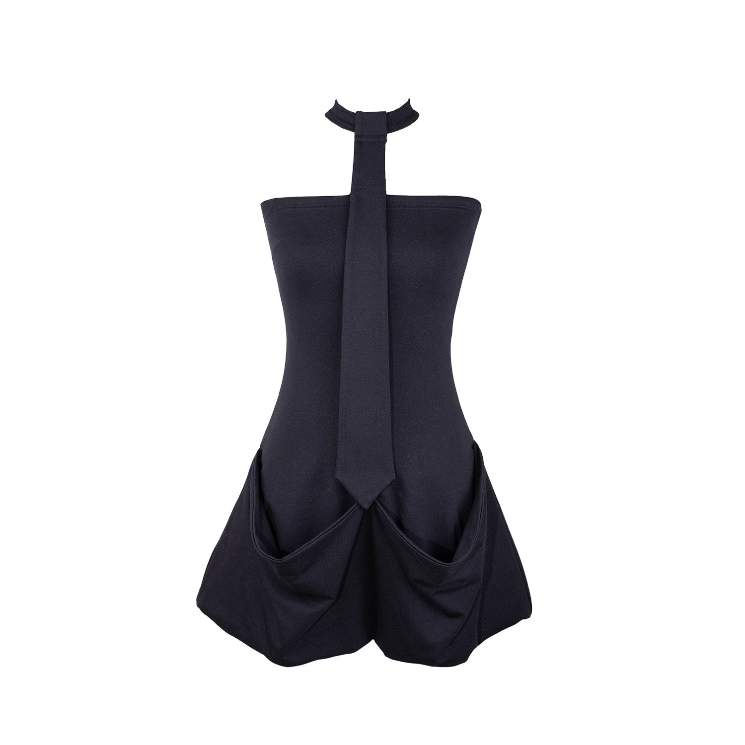A black strapless mini dress with a fitted bodice and a flared skirt featuring oversized draped pockets and a choker-style neckline with an attached tie detail that hangs down the front.
