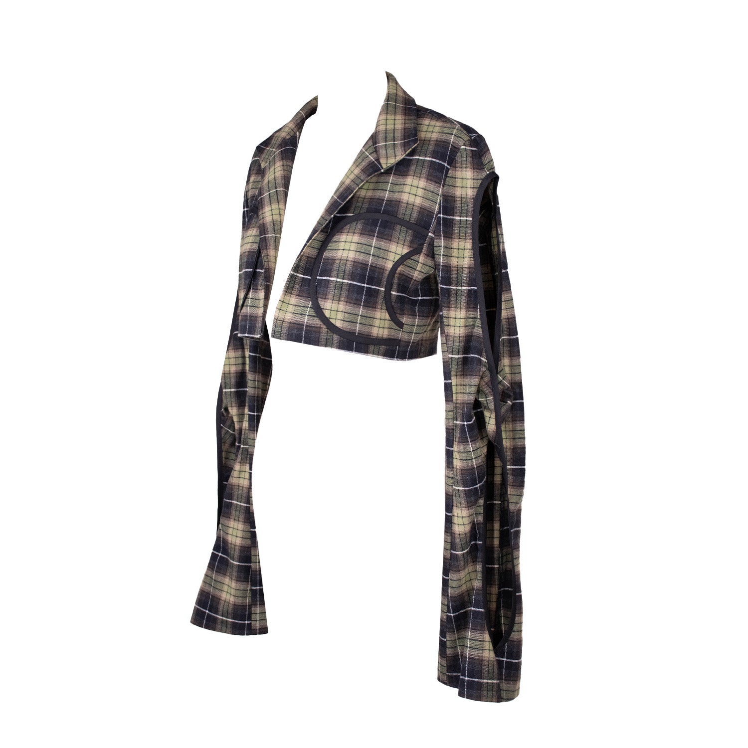 A long sleeve, super cropped tartan jacket with cut out detailing sleeves and collar