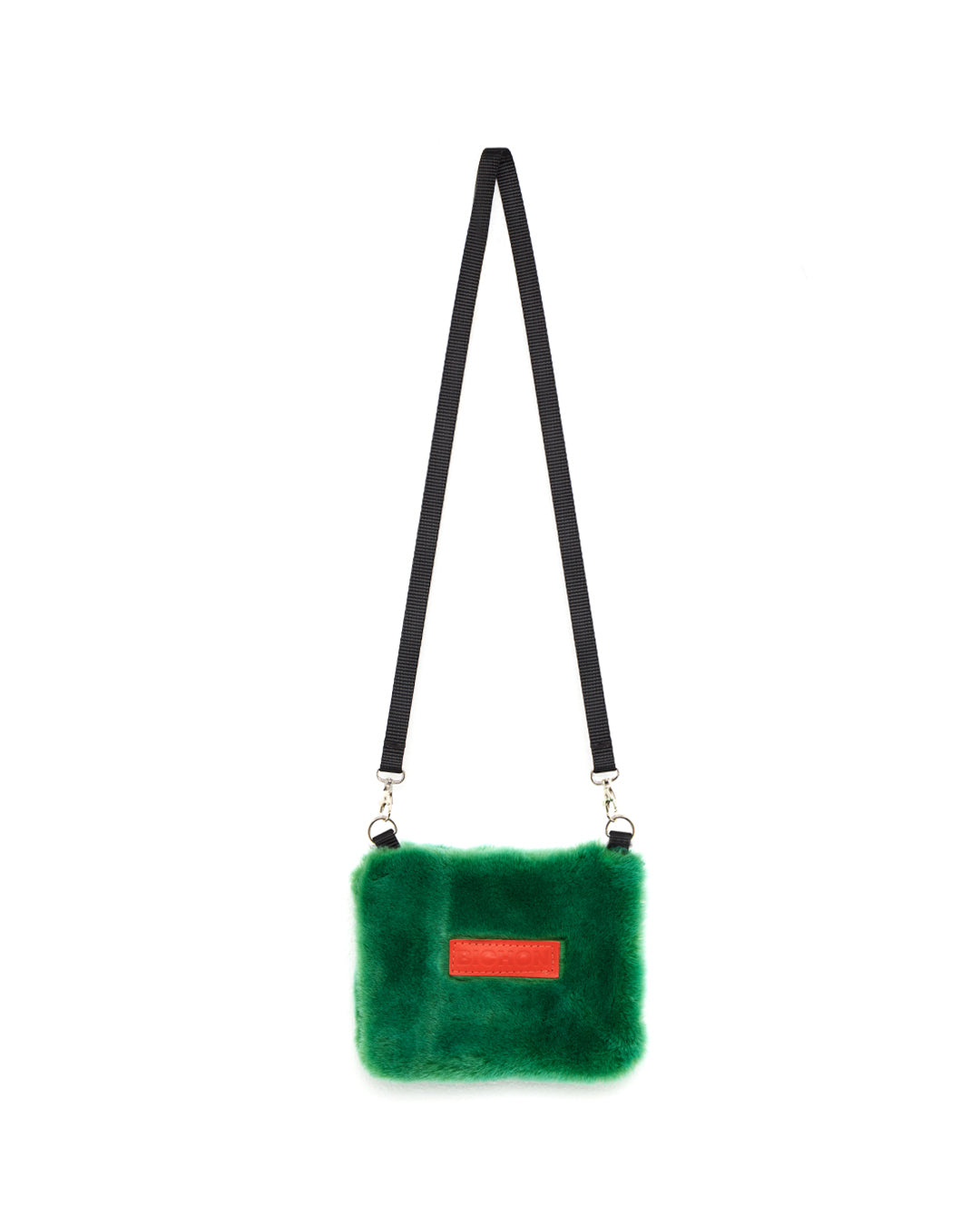 Fluffy green crossbody bag made from shearling fabric by Australian independent designer, Bichon. Handmade bag available at Melbourne clothing boutique Error 404 store