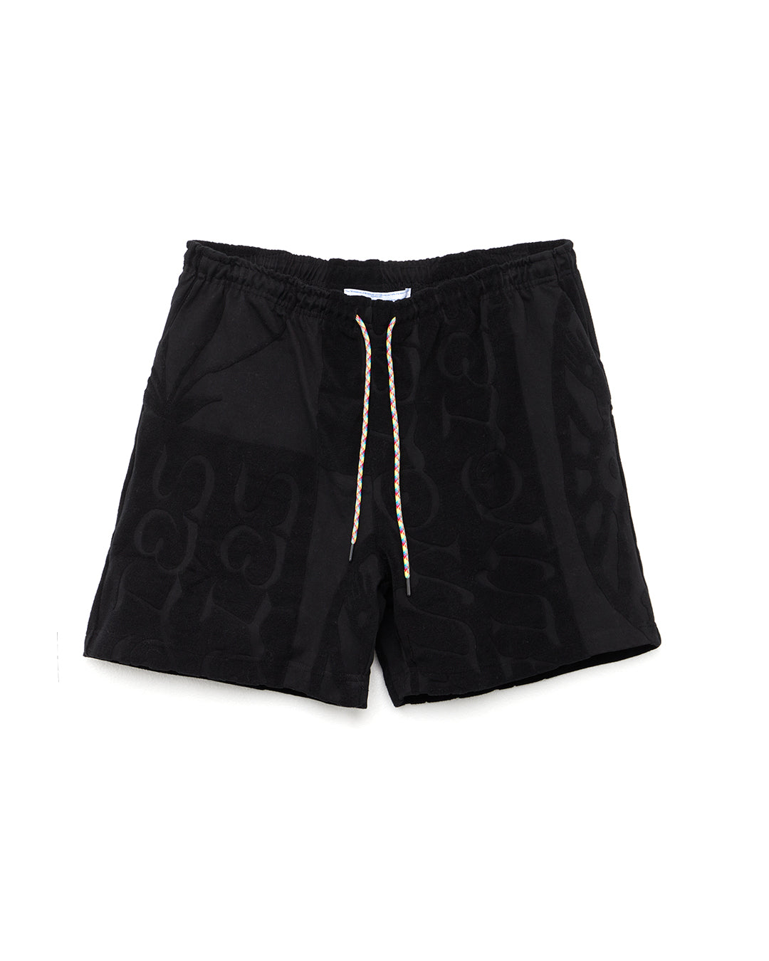 Black shorts with drawstring waistband, made from towelling material. Designed by Jungles Jungles, an australian based label. Sold in Melbourne clothing store Error404store.