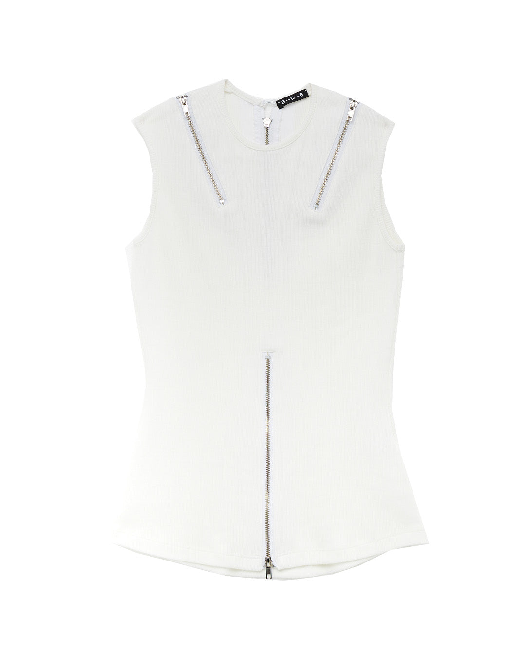 White, high neck, ribbed tank top with zips on shoulders and front. Made by Australian independent designer called BRB. Sold in Melbourne clothing boutique called Error404store.